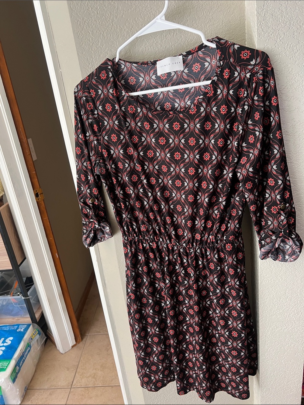 French Grey Black and Red Long Sleeve Elastic-Waist Dress